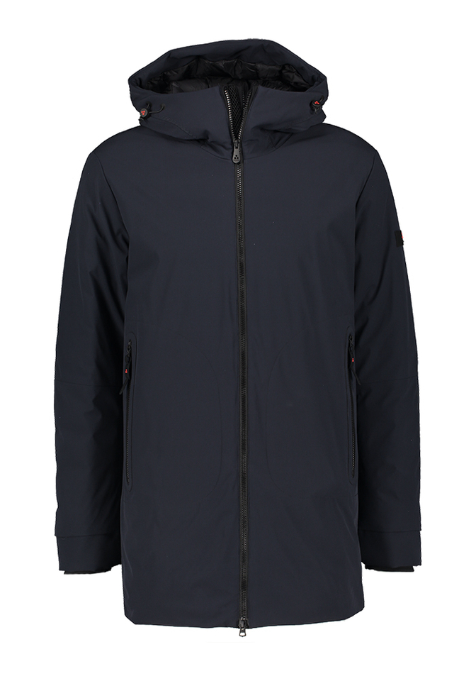 Donkerblauwe halflange jas met rits en kap Peuterey