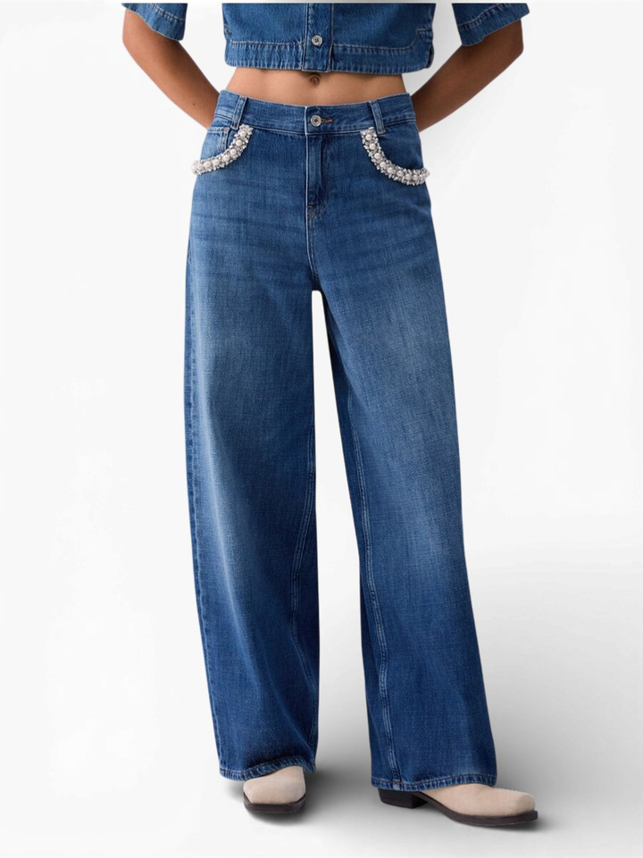 Blauwe uitlopende jeans met stenen applicaties Liu Jo 