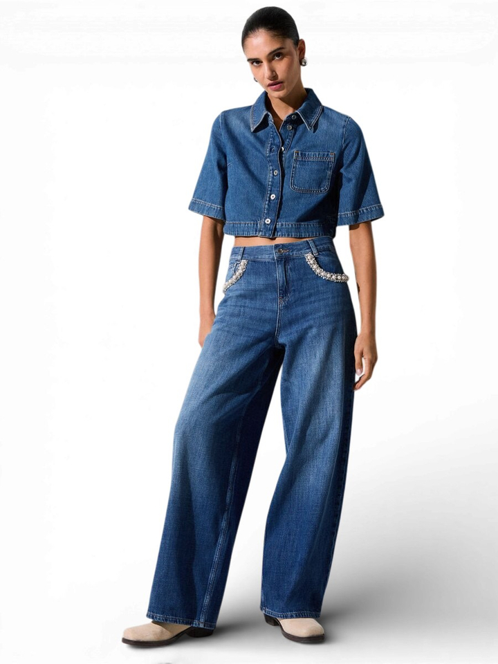 Blauwe uitlopende jeans met stenen applicaties Liu Jo 