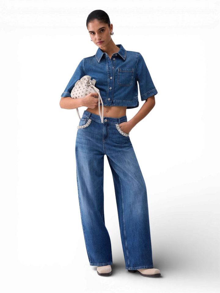 Blauwe uitlopende jeans met stenen applicaties Liu Jo 