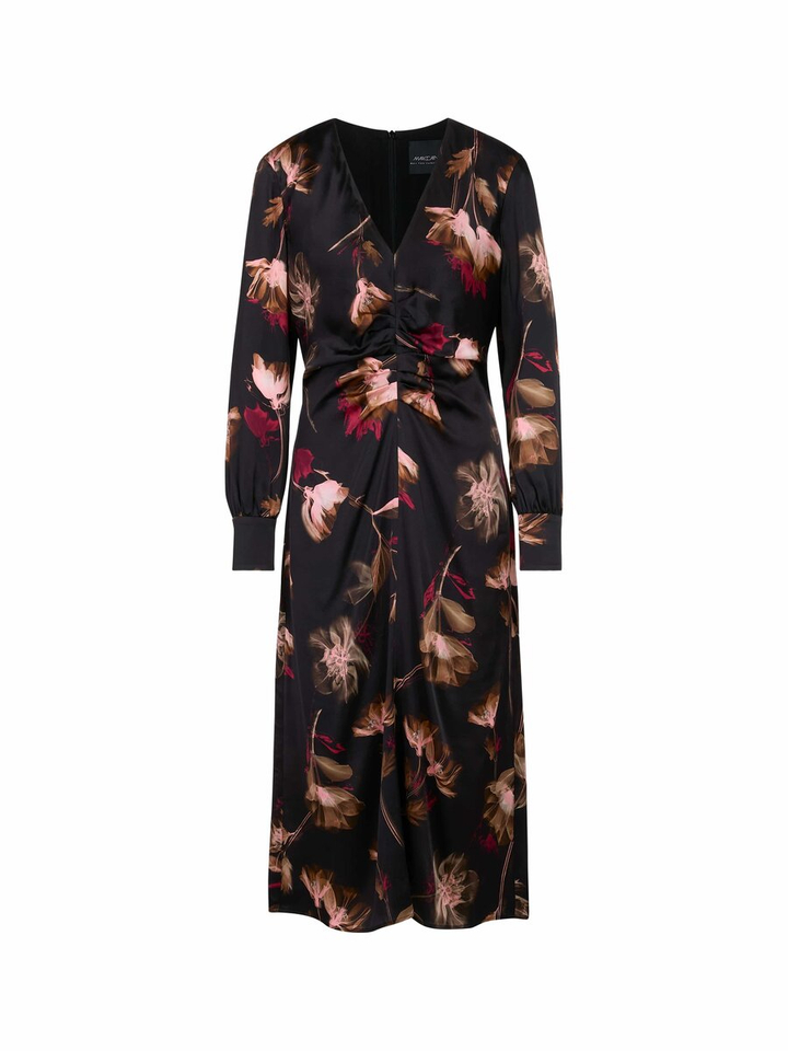 Zwart lang kleed met v-hals en bloemenprint Marc Cain collections