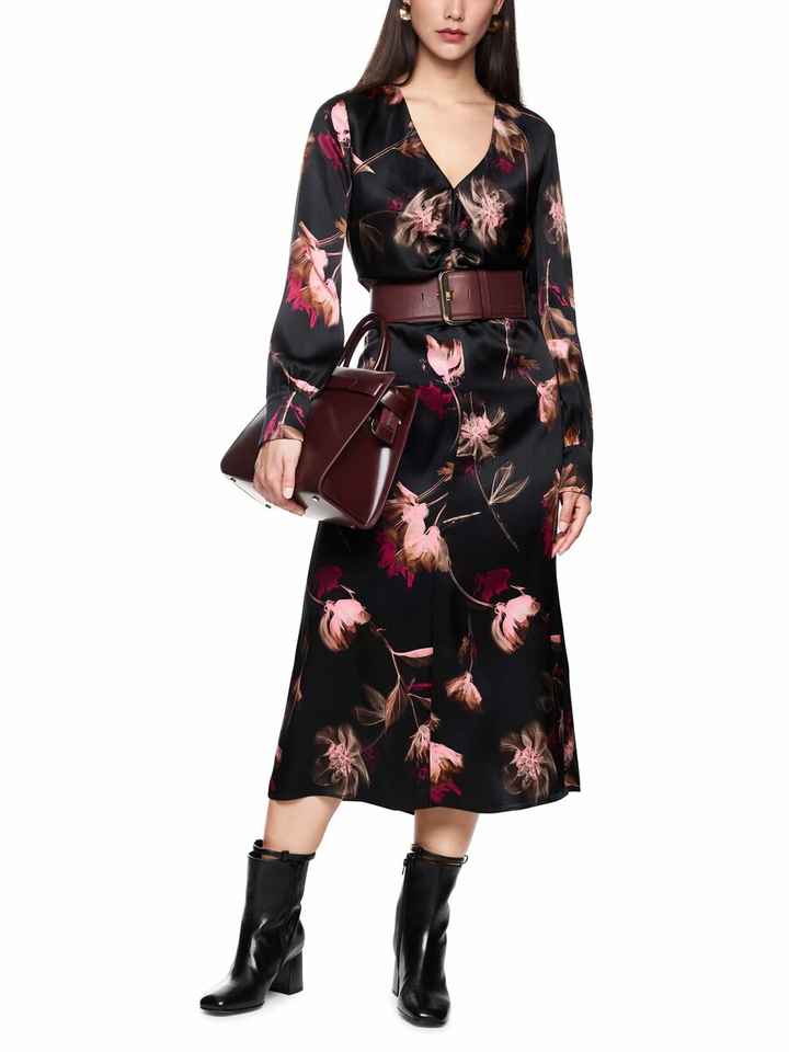 Zwart lang kleed met v-hals en bloemenprint Marc Cain collections