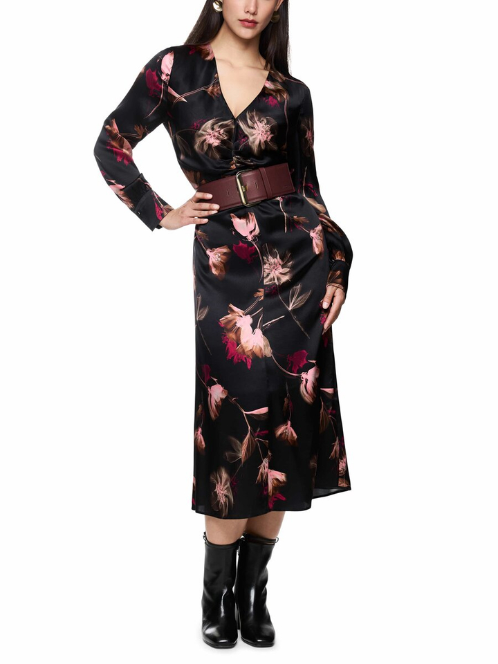 Zwart lang kleed met v-hals en bloemenprint Marc Cain collections