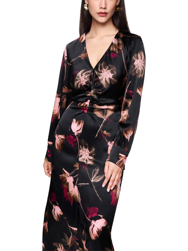 Zwart lang kleed met v-hals en bloemenprint Marc Cain collections