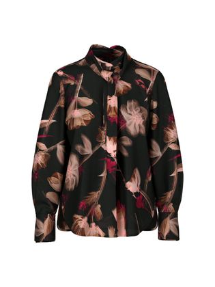 Marc Cain collections Zwarte blouse met multicolor bloemenprint en lint