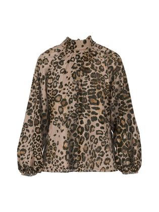 Marc Cain collections Beige doorzichtige blouse met dierenprint en lint achteraan