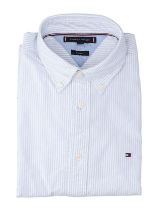 Tommy Hilfiger Wit/blauw gestreept katoenen hemd (regular fit) met lange mouwen