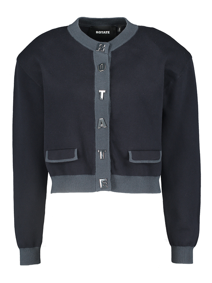 Blauwe gilet met zilveren letters Rotate