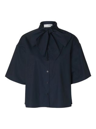 Selected Donkerblauwe katoenen wijdere korte bloes met strik