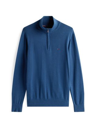 Tommy Hilfiger Aegean Sea blauwe katoenen pull met korte rits en opstaande kraag