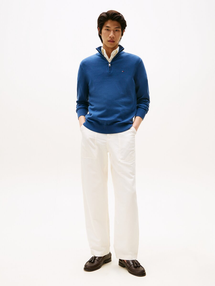 Aegean Sea blauwe katoenen pull met korte rits en opstaande kraag Tommy Hilfiger