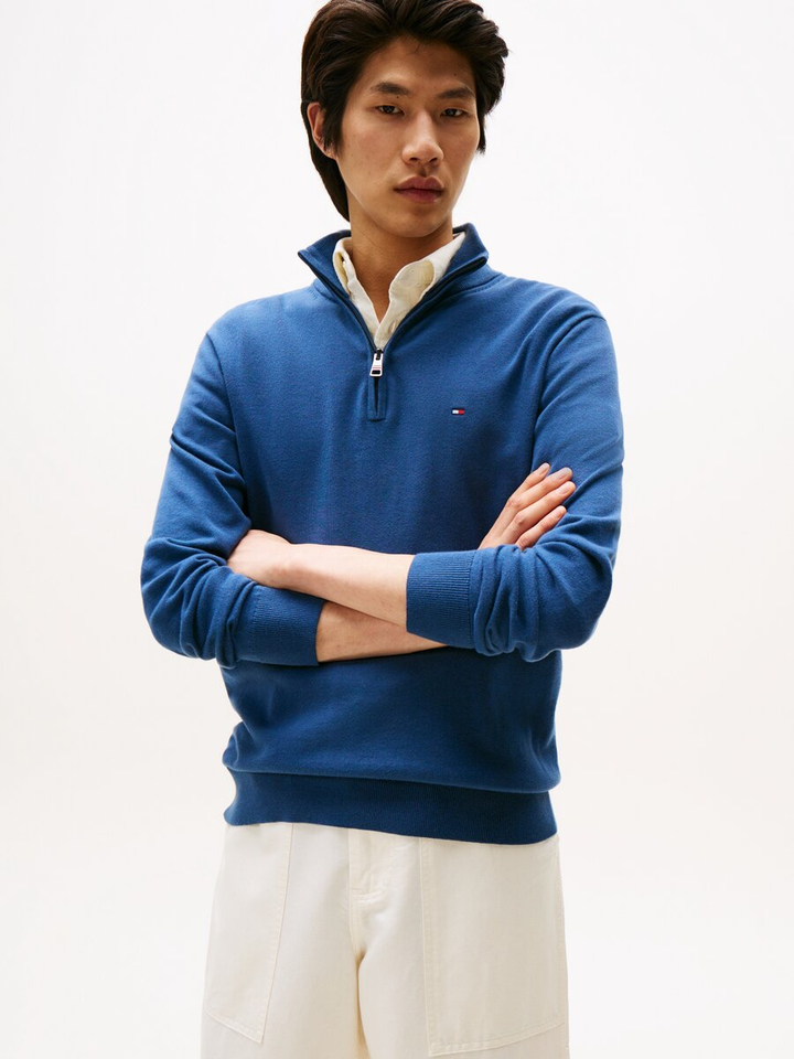 Aegean Sea blauwe katoenen pull met korte rits en opstaande kraag Tommy Hilfiger