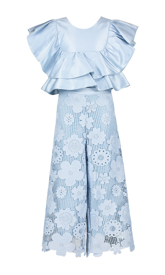 Blauwe 2 delige set top en broek in kant Abel & Lula 