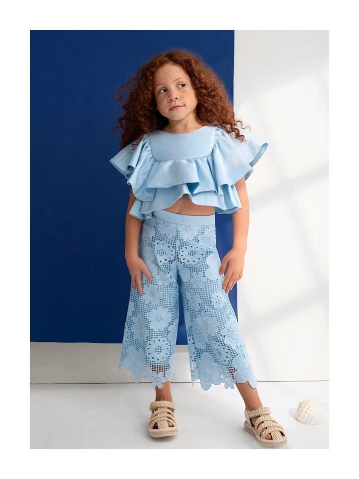 Blauwe 2 delige set top en broek in kant Abel & Lula 