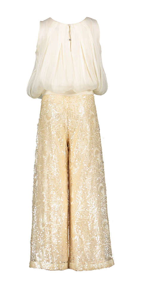 Champagne kleurige 2 delige set top en broek in kant Abel & Lula
