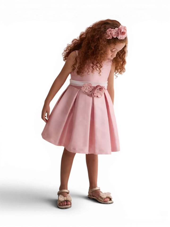 Roze kleed met bloemen communie Abel&Lula