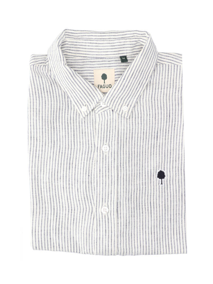 Wit linnen hemd (regular fit) met blauwe strepen en lange mouwen Faguo