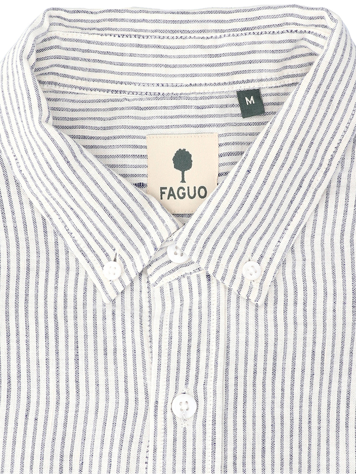 Wit linnen hemd (regular fit) met blauwe strepen en lange mouwen Faguo