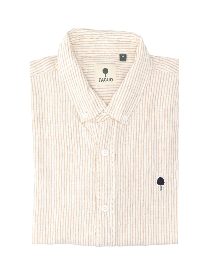 Wit linnen hemd (regular fit) met beige strepen en lange mouwen Faguo 