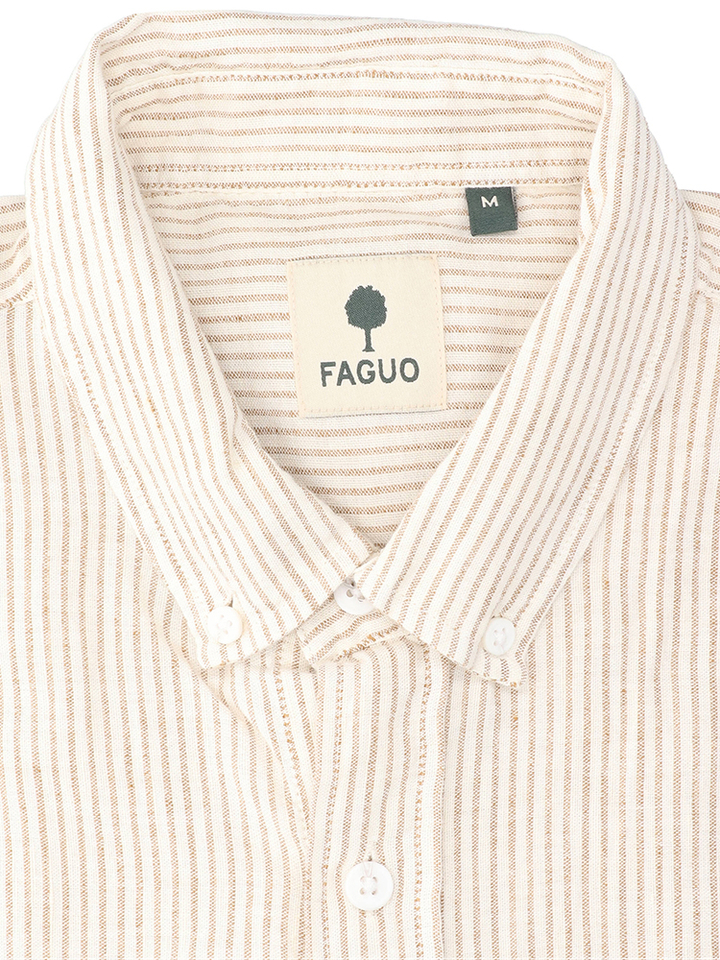 Wit linnen hemd (regular fit) met beige strepen en lange mouwen Faguo 