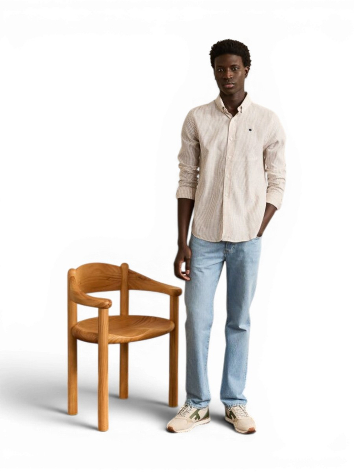 Wit linnen hemd (regular fit) met beige strepen en lange mouwen Faguo