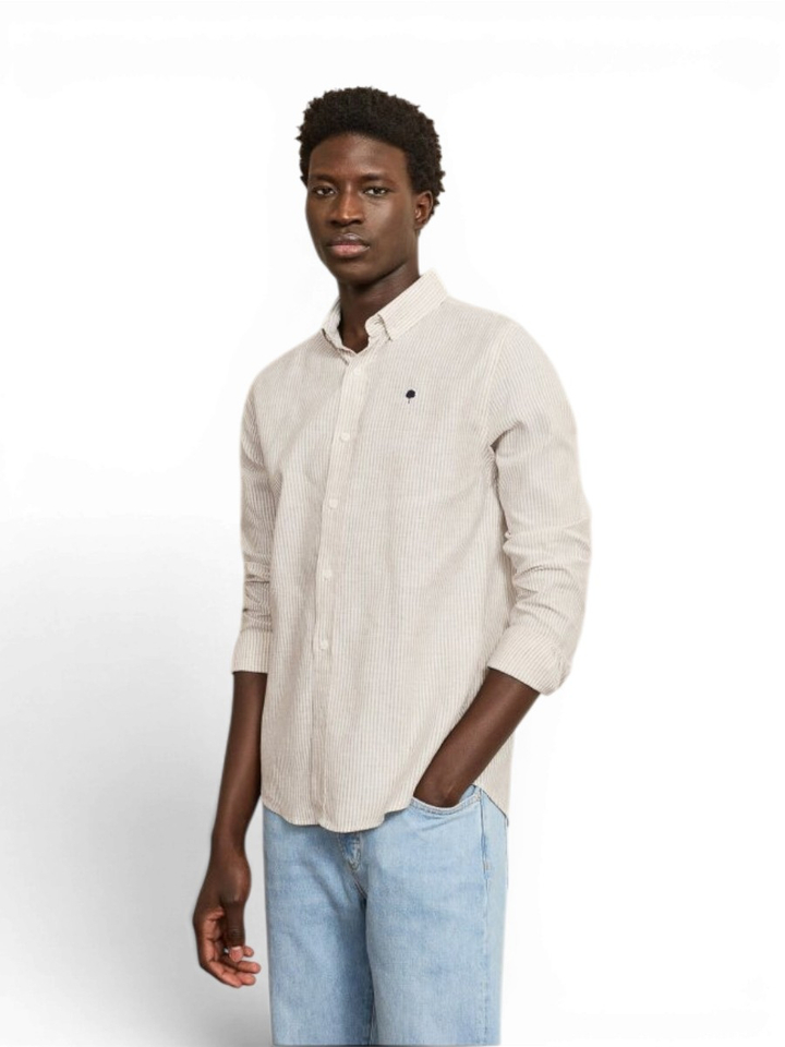 Wit linnen hemd (regular fit) met beige strepen en lange mouwen Faguo
