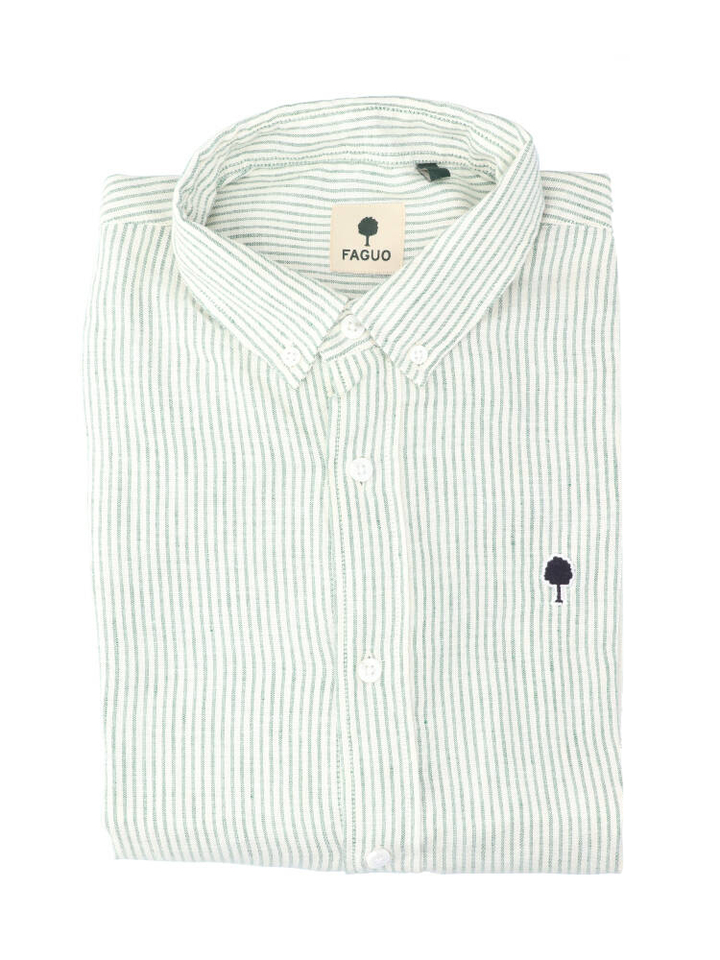 Beige linnen hemd (regular fit) met groene strepen en lange mouwen Faguo