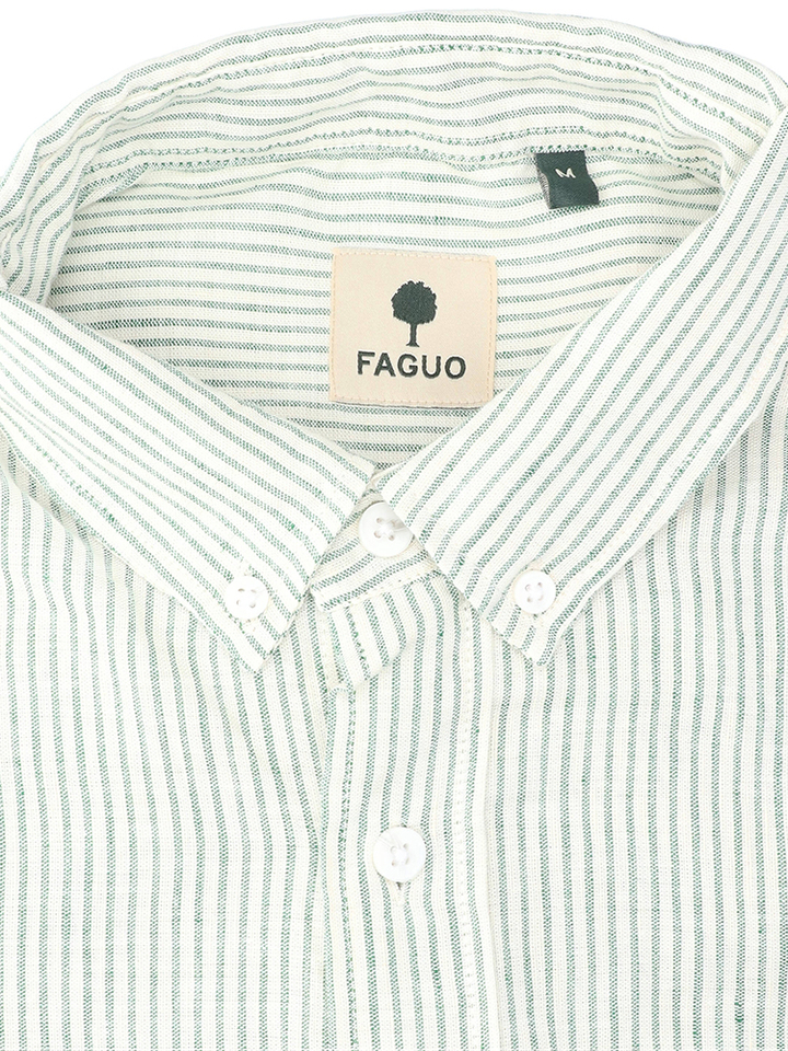Beige linnen hemd (regular fit) met groene strepen en lange mouwen Faguo