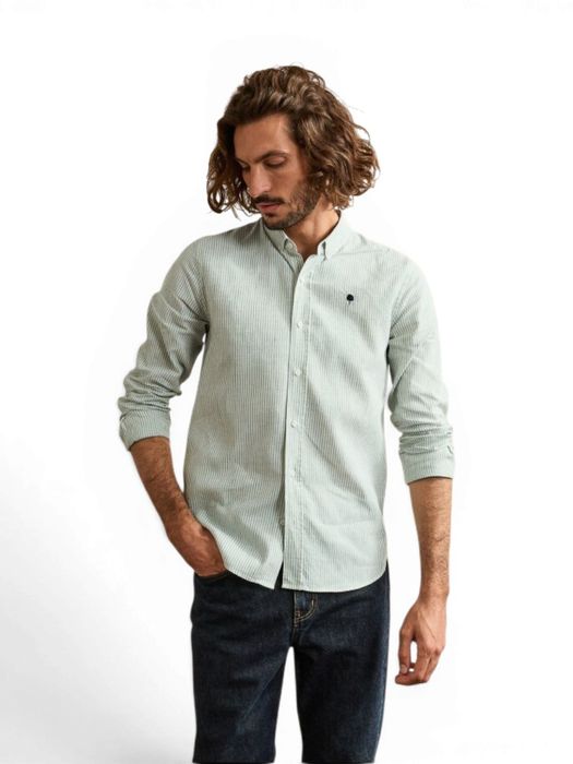 Beige linnen hemd (regular fit) met groene strepen en lange mouwen Faguo