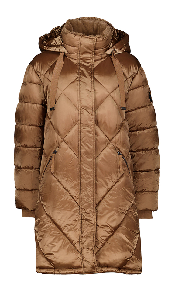 Toffee kleurige padded lange jas met kap Toffee Gerry Weber