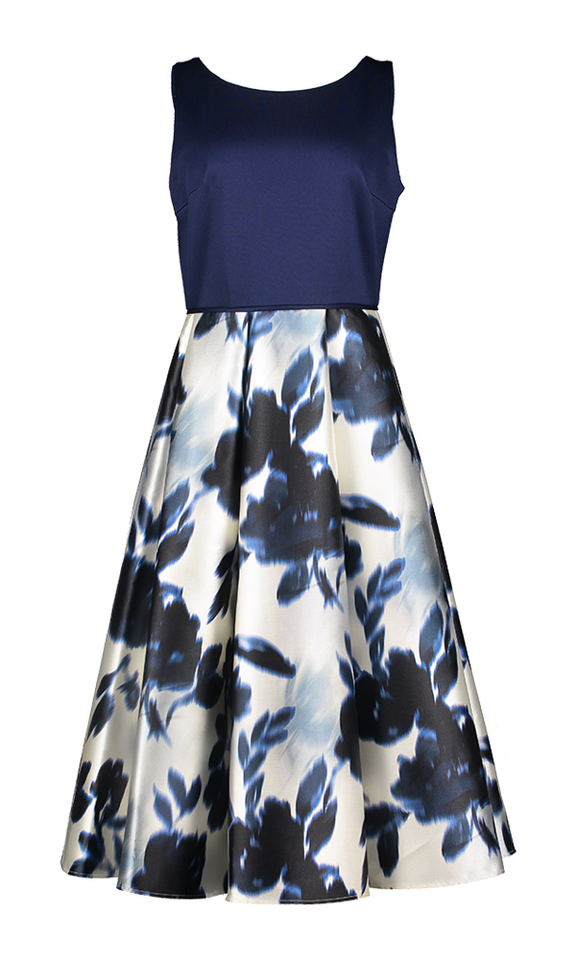 Blauwe feestelijke jurk in bloemenprint Swing 