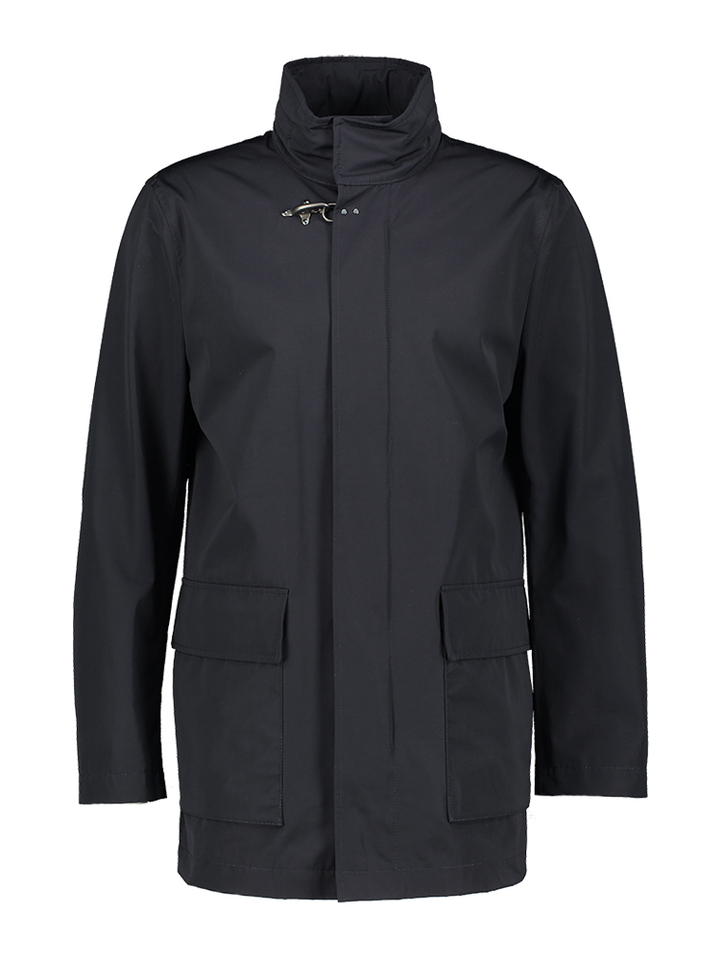 Blauwe halflange jas met sluit detail jas Nam Fay 