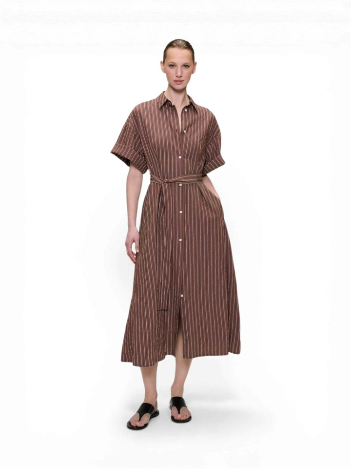 Bruine maxi-jurk met blauwe en witte streep Zenggi