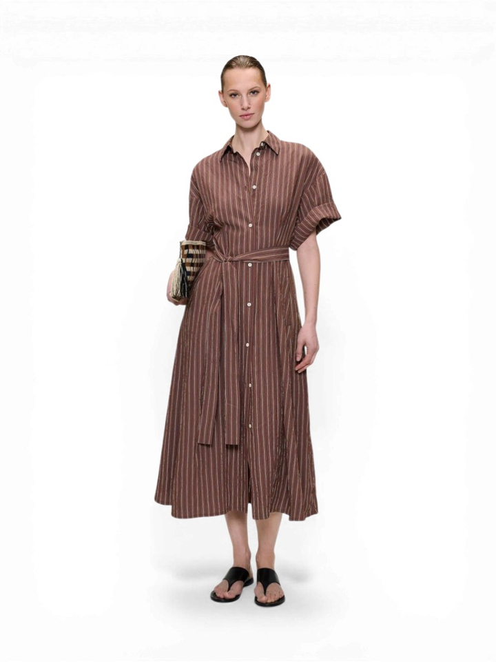Bruine maxi-jurk met blauwe en witte streep Zenggi
