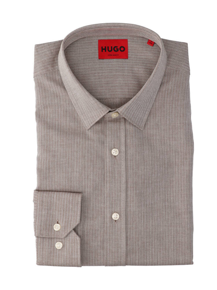 Bruin katoenen hemd (extra slim fit) met visgraatmotief en lange mouwen Hugo Boss