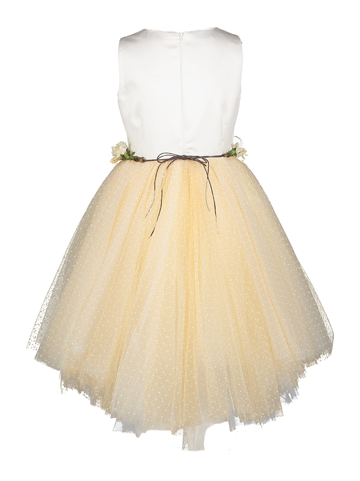 Ecru kleed met roze glitter rok riem detail Miss Leod 