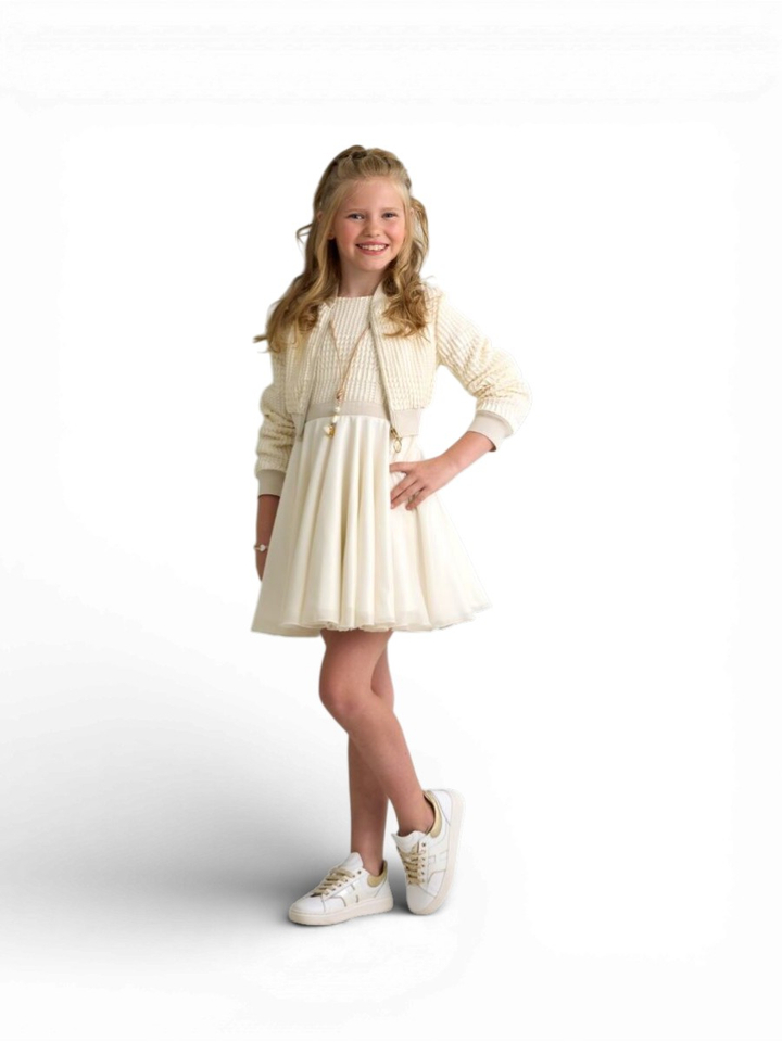 Ecru jurk met structuur tailleband communie Diamante Blu