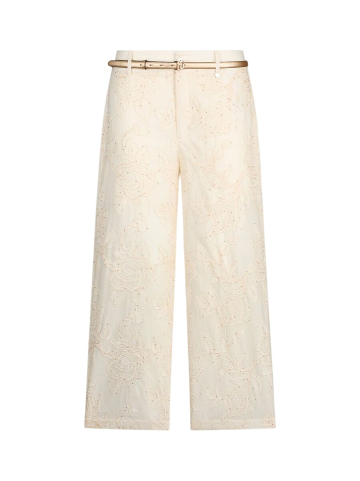 Ecru broek met bloemen structuur en pailletten Liu Jo