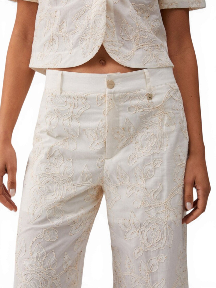 Ecru broek met bloemen structuur en pailletten Liu Jo
