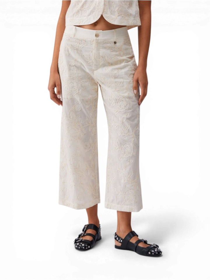Ecru broek met bloemen structuur en pailletten Liu Jo