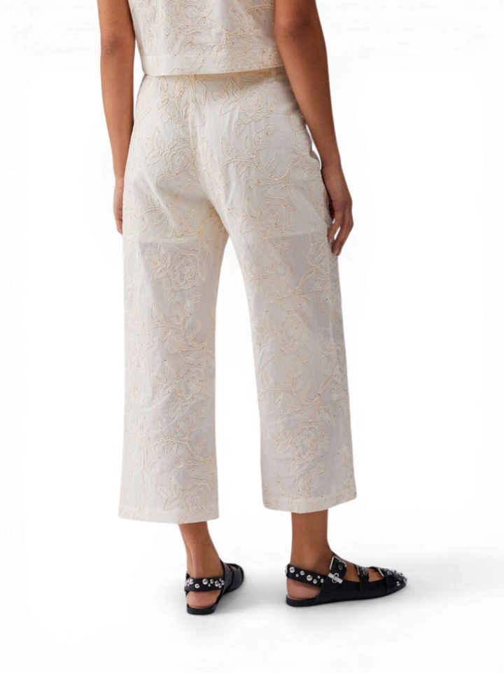 Ecru broek met bloemen structuur en pailletten Liu Jo