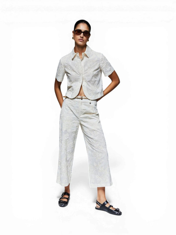 Ecru broek met bloemen structuur en pailletten Liu Jo