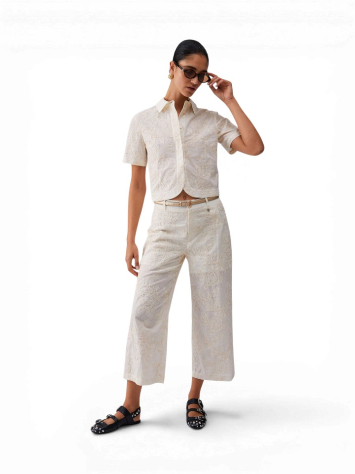 Ecru broek met bloemen structuur en pailletten Liu Jo