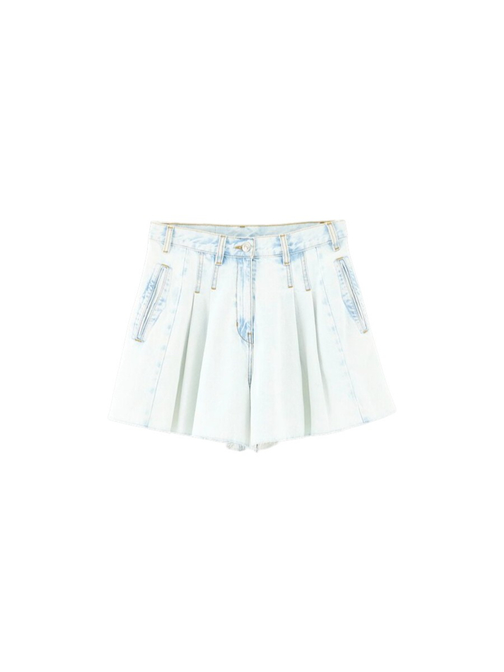 Lichtblauwe wijde jeansshort met bandplooi Bellerose 