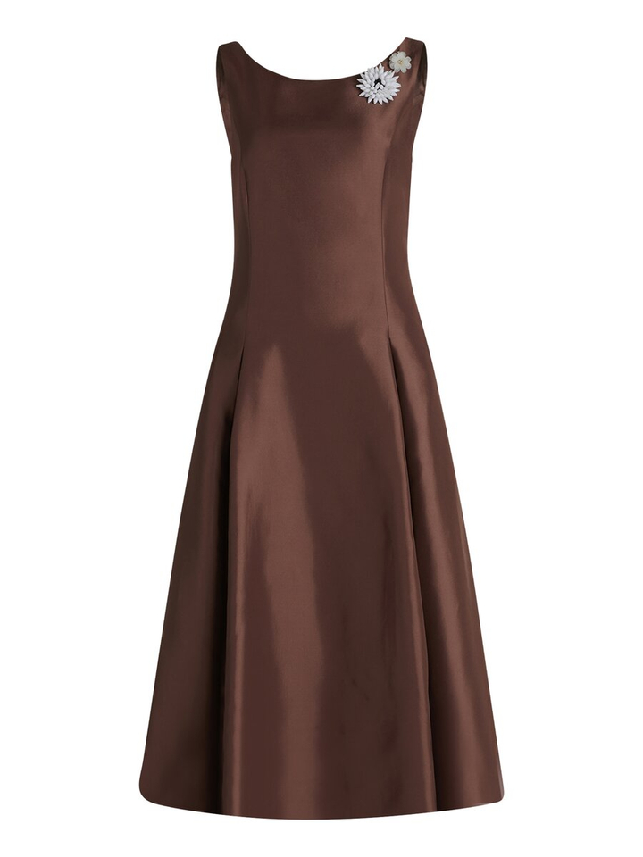 Bruin glanzende feestelijke jurk met broche Vera Mont 