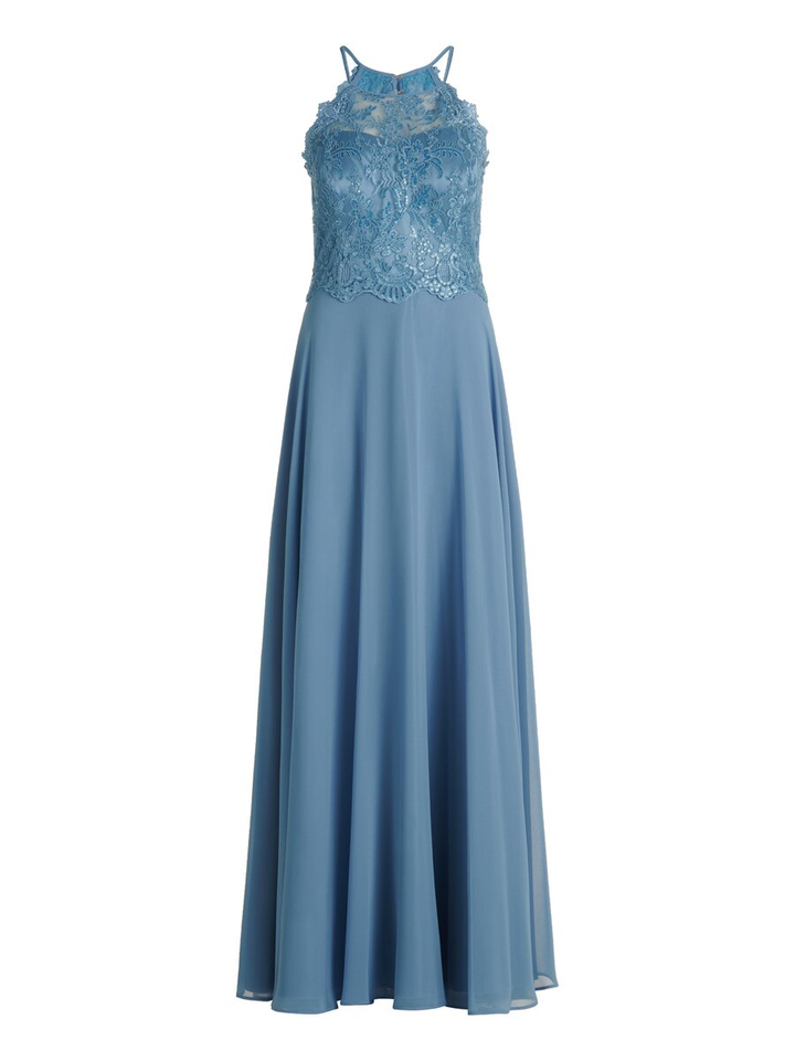 Blauwe lange feestjurk met kant en pailletten detail  Vera Mont