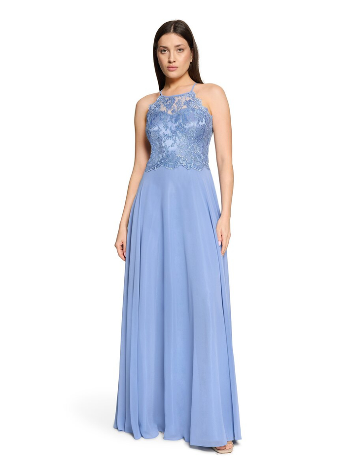 Blauwe lange feestjurk met kant en pailletten detail  Vera Mont
