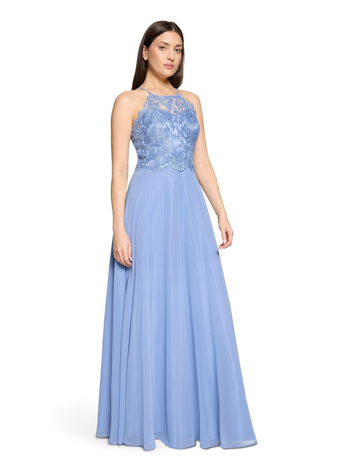 Blauwe lange feestjurk met kant en pailletten detail  Vera Mont