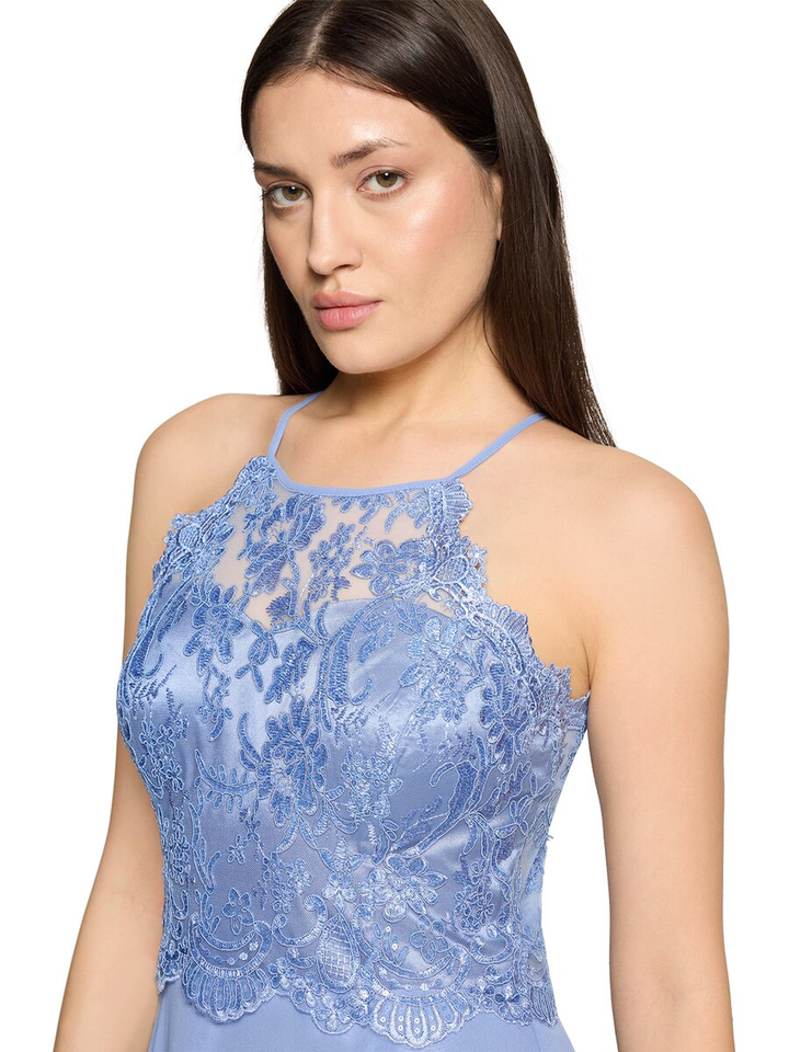 Blauwe lange feestjurk met kant en pailletten detail  Vera Mont