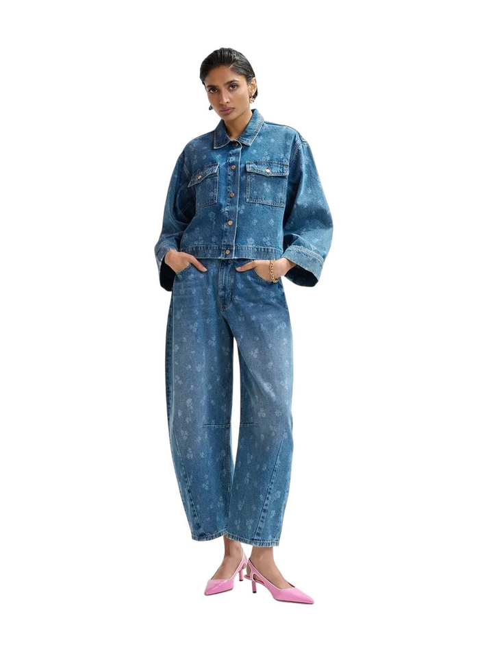 Blauwe jeans jas met bloemen print Jass Essentiel 